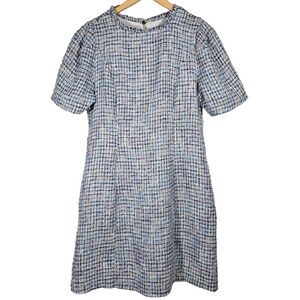 Nanette Lepore Sheath Dress Size 16 Ice Denim Multi Tweed Back Zip Short Sleeve